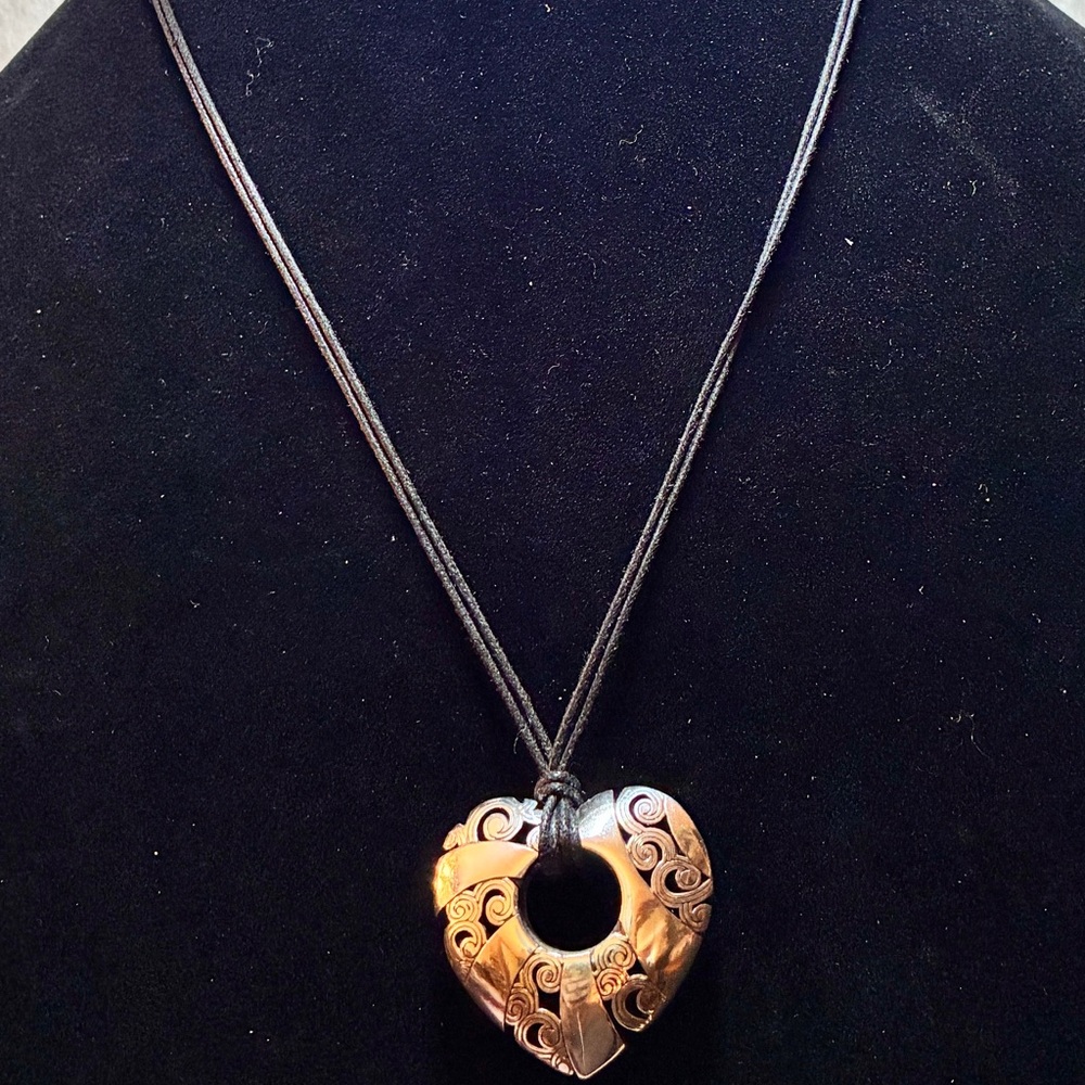 Vintage “Brighton” Silver Plated Heart Pendant on Black Cord 16” To 19” Inches